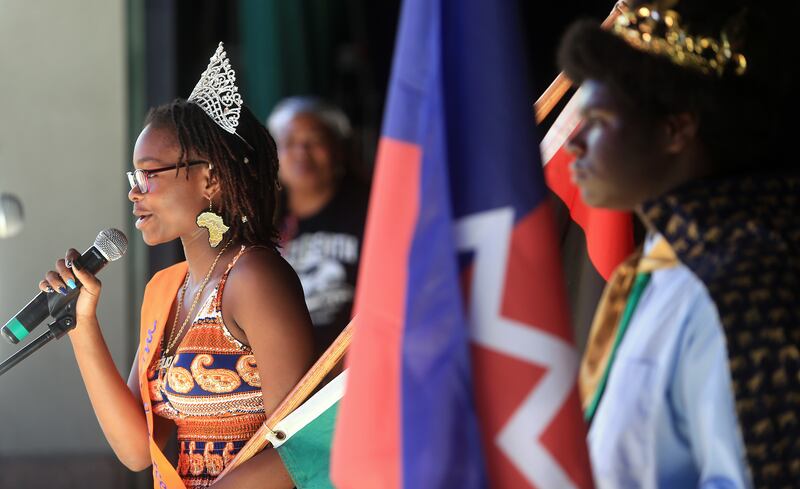 Juneteenth Queen Angel Marshall talks at the opening of the festival at the Gallivan Center in Salt Lake City on Wednesday, June 19, 2019. As Utah's population becomes increasingly diverse, those who are biracial and multiracial are fueling much of the ch