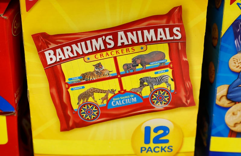 This photo shows a multi-pack box of Nabisco Barnum's Animals crackers on the shelf of a grocery store in Des Moines, Iowa. After more than a century behind bars, the beasts on boxes of animal crackers are roaming free. The new boxes retain their familiar