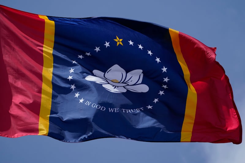 The new design of the Mississippi state flag displayed outside the Old State Capitol Museum in downtown Jackson, Miss on Sept. 2, 2020.