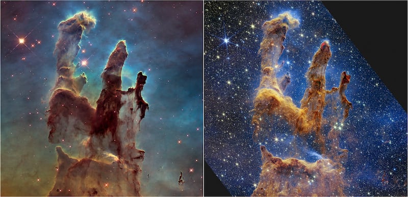 The Pillars of Creation as imaged by NASA’s Hubble Space Telescope in 2014, left, and by NASA’s James Webb Telescope, right.