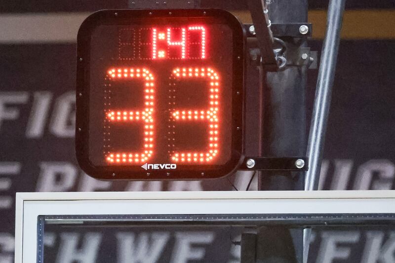 The shot clock is pictured during a high school basketball game on Tuesday, Dec. 12, 2023.