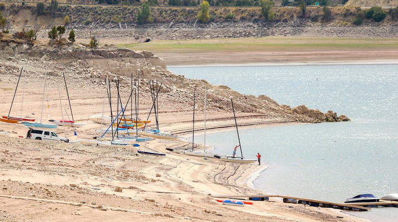 Low water levels expose a large beach area as boats sit on the sand at Rockport reservoir on Monday, Sept. 10, 2018.