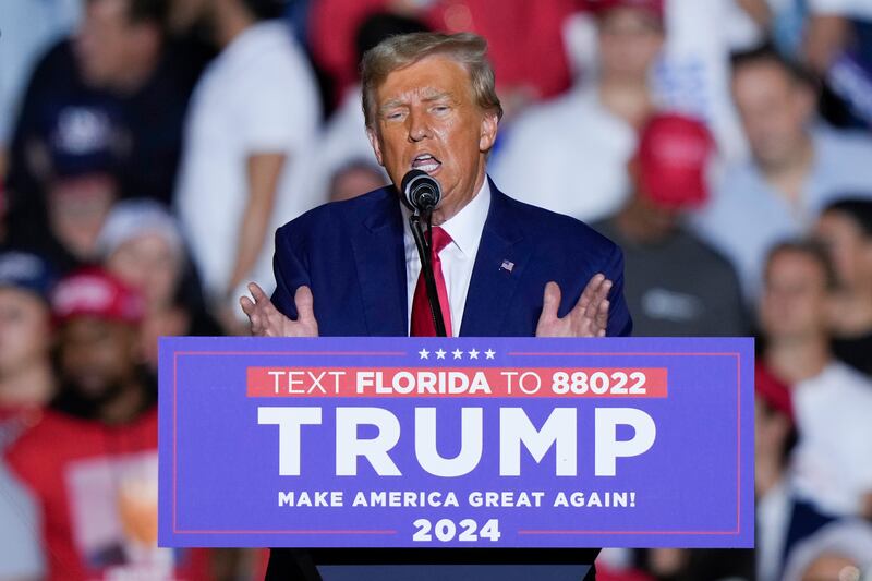 Former President Donald Trump speaks at a campaign rally in Hialeah, Florida, Wednesday, Nov. 8, 2023.