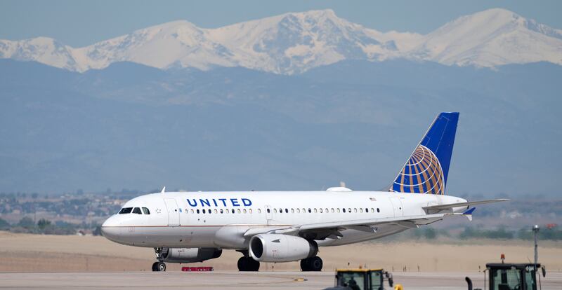 A United Airlines jetliner taxis for takeoff from Denver International Airport.