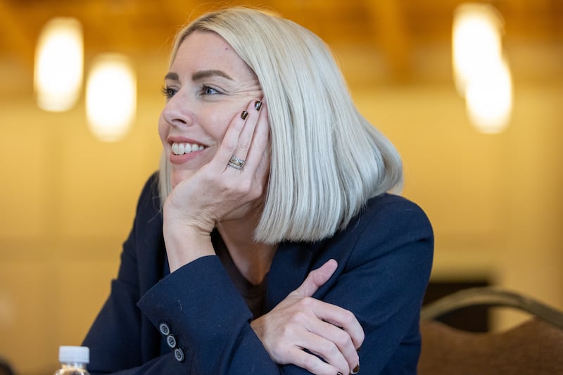 Katherine Warnock, head of original content for “The Chosen,” talks to members of the media at the Salvation Army’s Camp Hoblitzelle in Midlothian, Texas, on Monday, Aug. 15, 2022.