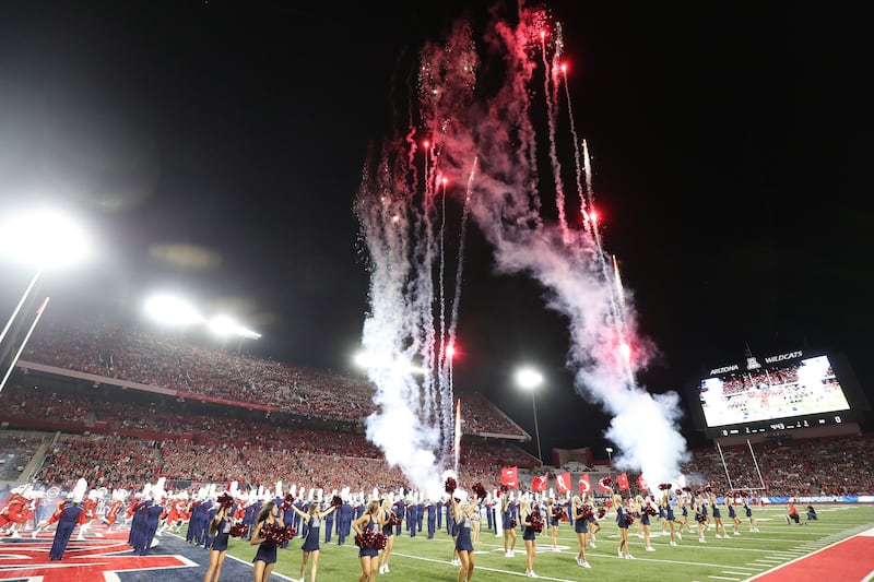 Fireworks fly prior to the BYU vs. Arizona game in Tucson, Arizona, on Saturday, Sept. 1, 2018.