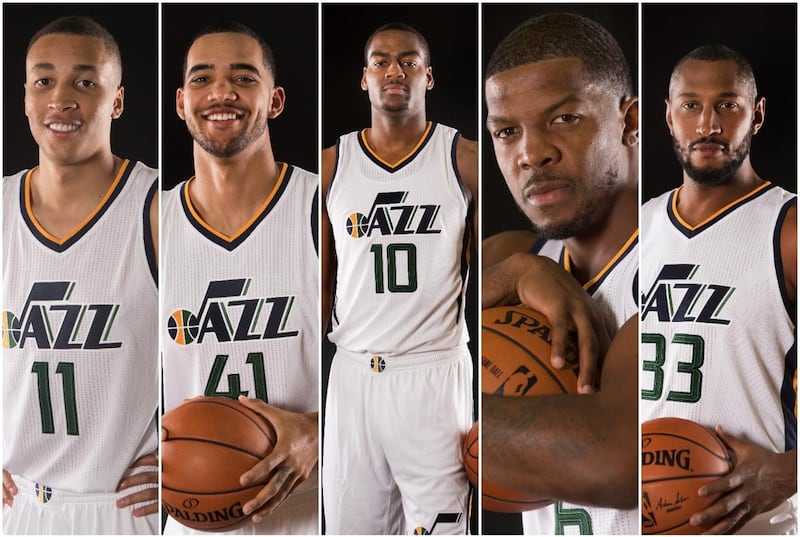 This year, the Jazz have a tantalizing bench in, from left, Dante Exum, Trey Lyles, Alec Burks, Joe Johnson and Boris Diaw