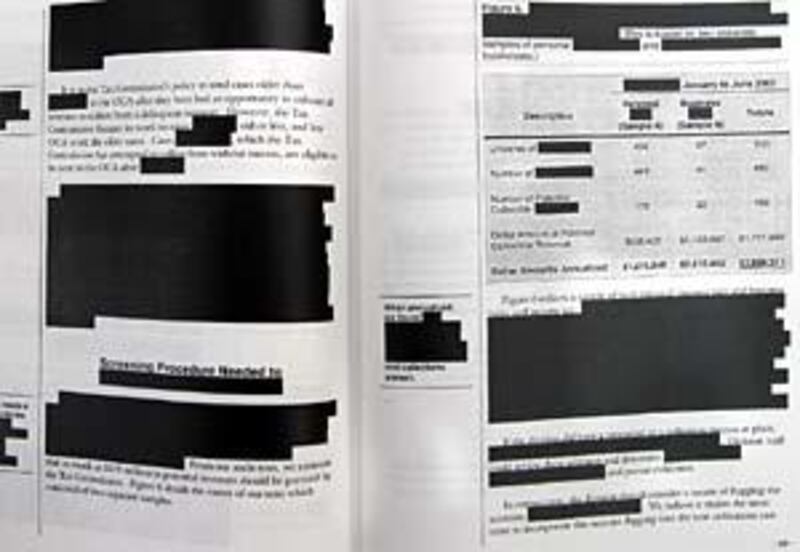 Blacked-out portions hide tax-collection data so audit isn't a road map for tax dodgers.