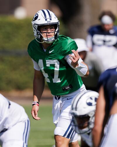 BYU QB Bear Bachmeier prepares for a snap during practice Aug. 5, 2025, in Provo.