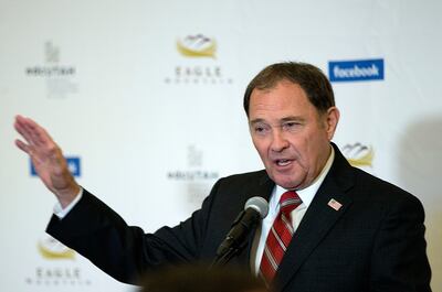 Gov. Gary Herbert speaks during during a press conference on Wednesday, May 30, 2018, announcing Facebook will build a nearly 1-million-square-foot data center in Eagle Mountain.