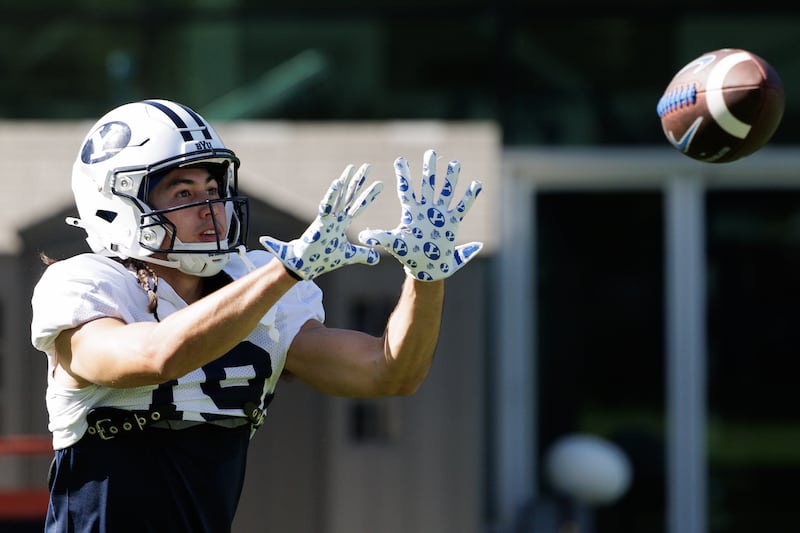 BYU receiver Tiger Bachmeier makes a catch during Day 3 of fall camp in Provo, Friday, Aug. 1, 2025. The Cougars landed both Tiger and his brother Bear out of the transfer portal during the offseason.