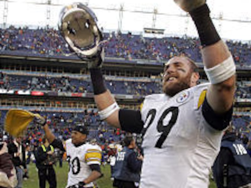 Pittsburgh's Brett Keisel, a BYU alum, celebrates after the Steelers beat the Denver Broncos in the AFC Championship game.
