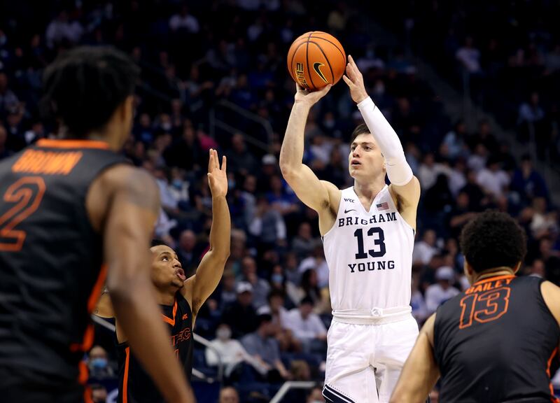 BYU guard Alex Barcello (13) launches a shot against Pacific at the Marriott Center on Thursday, Jan. 6, 2022.