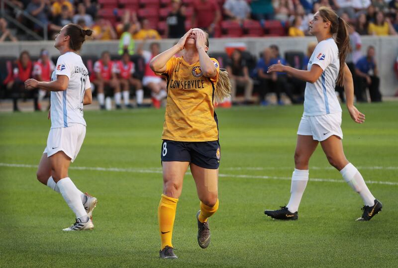 Utah Royals FC forward Amy Rodriguez (8) just misses a shot on goal against the Sky Blue FC in Sandy on Saturday, June 15, 2019.