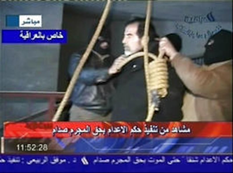 A noose is placed around Saddam Hussein's neck in preparation for his hanging Saturday. The image was taped by the Iraqi national television station Al-iraqia.