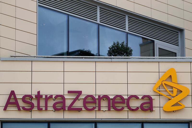 A general view of AstraZeneca offices and the corporate logo in Cambridge, England.