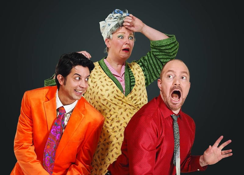 Stefan Espinosa as Garry Lejeune, left, Arika Schockmel as Dotty Otley and Joseph Tisa as Lloyd Dallas in Old Lyric Repertory Company's latest production of "Noises Off," which runs through Aug. 1.