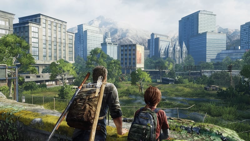 Characters Joel and Ellie overlook the Bethany Clare baseball field, as well as downtown Salt Lake City, in the video game "The Last of Us."