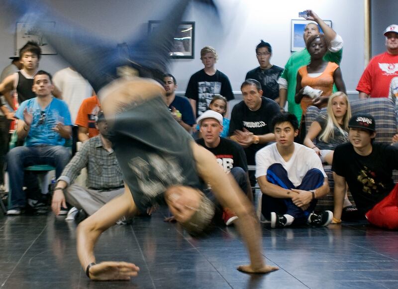 Bboy Bangkok with the Ground Hounds Crew competes during The Bboy Federation Series 2 at the Utah Arts Alliance in Salt Lake City, Utah September 4, 2010. The Bboy Federation is Utah’s first competitive break dancing series with 4-man crews from around Utah battling for points, bragging rights and the chance to compete against crews outside Utah. (Keith Johnson, Deseret News)