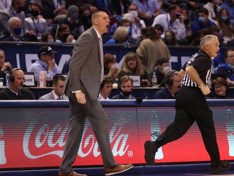 BYU’s head coach Mark Pope yells to his players as BYU and Westminster play.