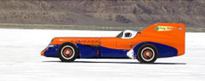 Marv Jenkins drives his Mormon Meteor III during a run Thursday on the Bonneville Salt Flats.