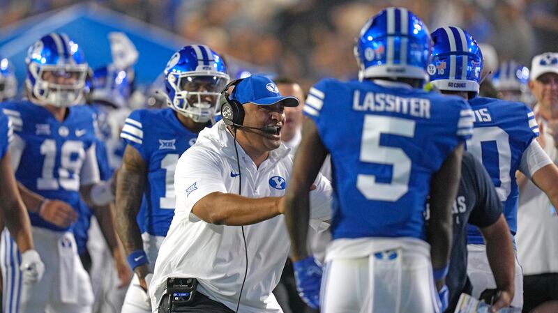 BYU head coach Kalani Sitake reacts on the sidelines during the first half of an NCAA college football game against Sam Houston State Saturday, Sept. 2, 2023, in Provo, Utah. (AP Photo/Rick Bowmer)