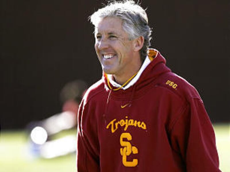 USC's head coach Pete Carroll is all smiles after being ranked No. 1, just as he wants to be.