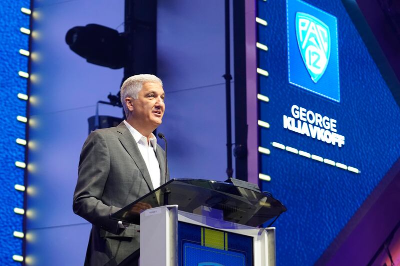 Pac-12 commissioner George Kliavkoff speaks at the Pac-12 media day Friday, July 21, 2023, in Las Vegas.
