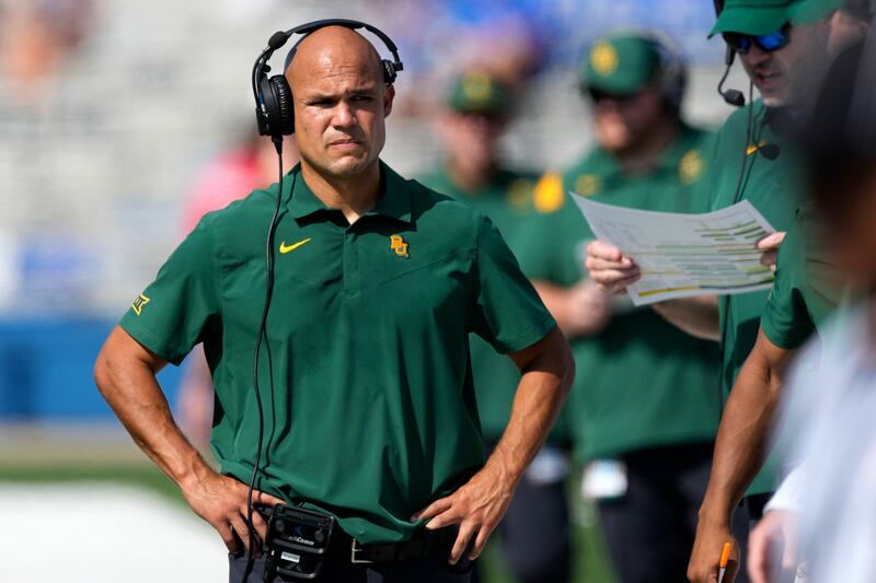 Baylor head coach Dave Aranda walks the sidelines during game against Kansas in Lawrence, Kan., Saturday, Sept. 18 2021.