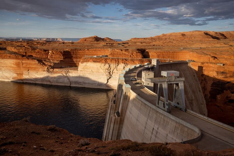 The Glen Canyon Dam holds back the waters of Lake Powell in Page, Arizona.
