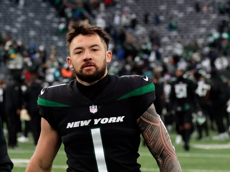 New York Jets safety Kai Nacua (1) walks off the field after an NFL football game against the Jacksonville Jaguars.