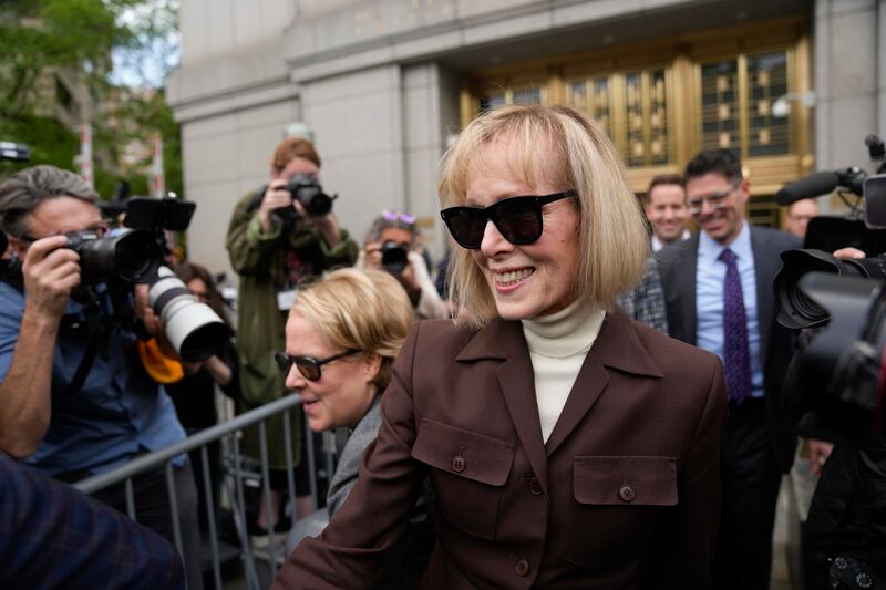 E. Jean Carroll walks out of Manhattan federal court, Tuesday, May 9, 2023, in New York. A jury has found Donald Trump liable for sexually abusing the advice columnist in 1996, awarding her $5 million in a judgment that could haunt the former president as he campaigns to regain the White House.