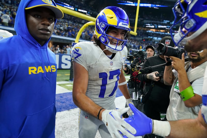 Los Angeles Rams wide receiver Puka Nacua celebrates after the Rams defeated the Indianapolis Colts.