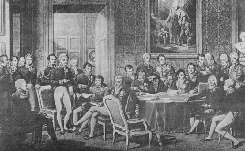 This illustration from a 2008 textbook on Modern History published in the Russia shows the Congress of Vienna in 1814.