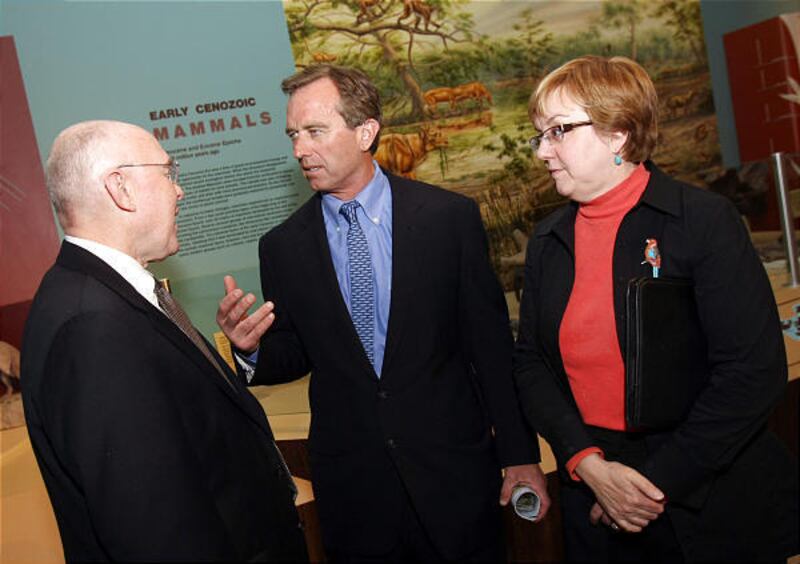 Robert F. Kennedy Jr., center, talks with Bob Waits of 212 Resources and Sarah George of the Utah Museum of Natural History last Wednesday before lecturing at Kingsbury Hall.