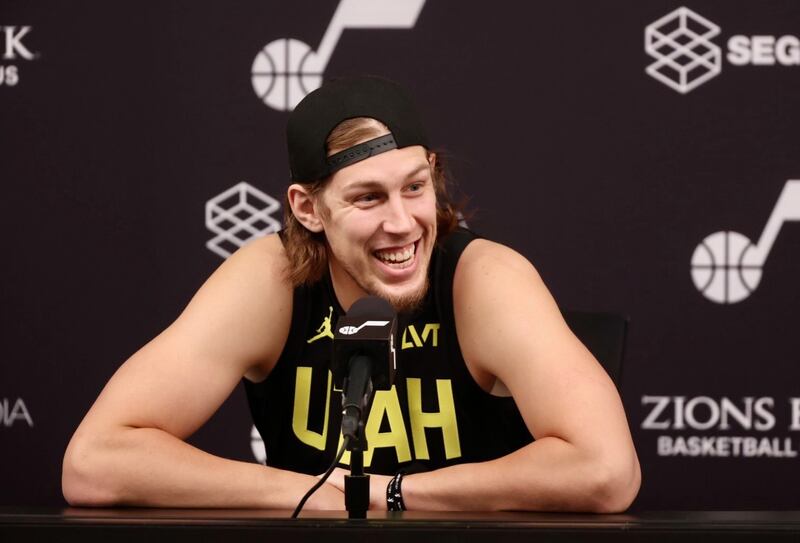 Utah Jazz’s Kelly Olynyk smiles while fielding questions during the Utah Jazz media day on Monday, Oct. 2, 2023.