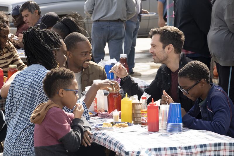 Sarah Wilson (Adepero Oduye), Falcon/Sam Wilson (Anthony Mackie) and Winter Soldier/Bucky Barnes (Sebastian Stan) in “The Falcon and the Winter Soldier.”