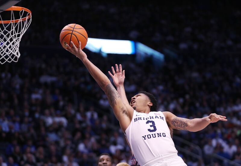 BYU guard Te’Jon Lucas drives to the basket during game against Saint Mary’s in Provo on Saturday, Jan. 8, 2022.
