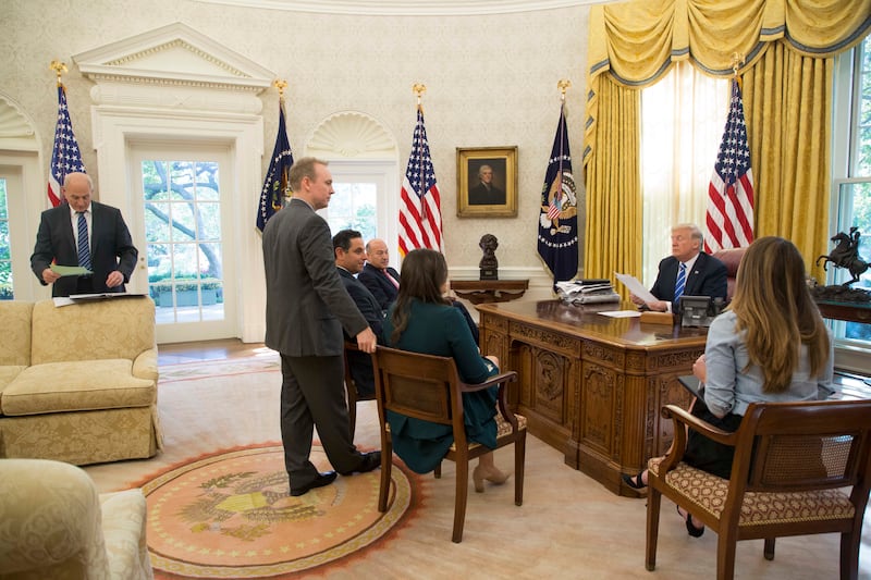 Cliff Sims, standing center, and other staff prepping President Donald Trump for an interview on his tax reform plan, which the brander-in-chief wanted to name “The Cut, Cut, Cut Act,” to the great frustration of Congress. Sims authored a book about his e