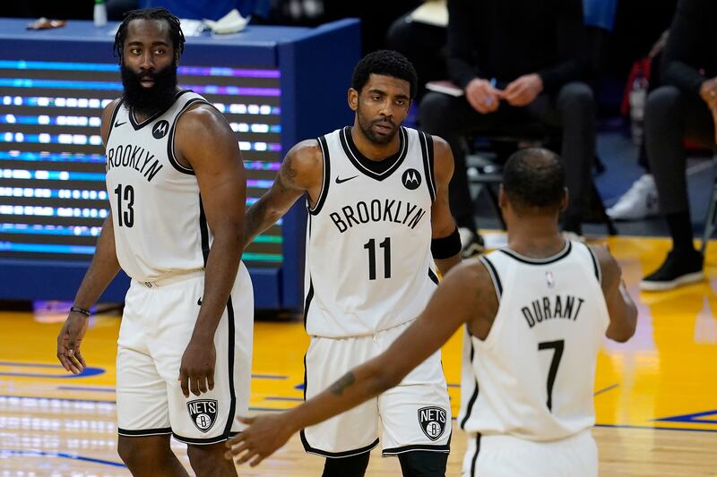 The Brooklyn Nets’ Kyrie Irving, James Harden and forward Kevin Durant battled injuries throughout the 2020-21 season.