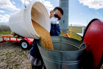 Quinten Salt, rural field supervisor for the Salt Lake City Mosquito Abatement District, fills the hopper on his four-wheeler with pesticide before checking larvae levels in the wetlands north of the Salt Lake City International Airport on Monday, May 20,