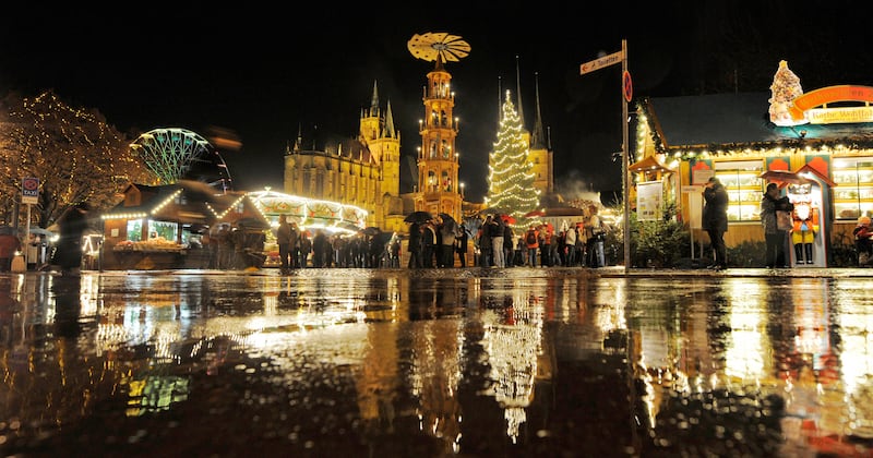 This photo shows the Erfurt Christmas Market in Germany. If you want to travel to Europe for Christmas, now is the time to book your flight.