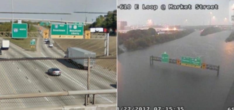 A before and after photo of Houston, which has seen massive amounts of flooding in the wake of Hurricane Harvey.