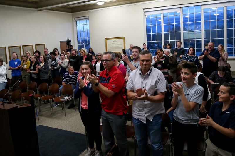 People rise in a standing ovation after a resolution adopting an official anti-abortion stance for the Riverton City Council was passed during a City Council meeting at City Hall on Tuesday, May 7, 2019.