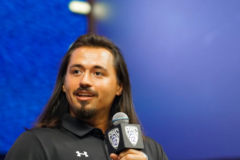 Utah quarterback Cameron Rising speaks at Pac-12 media day Friday, July 21, 2023, in Las Vegas.