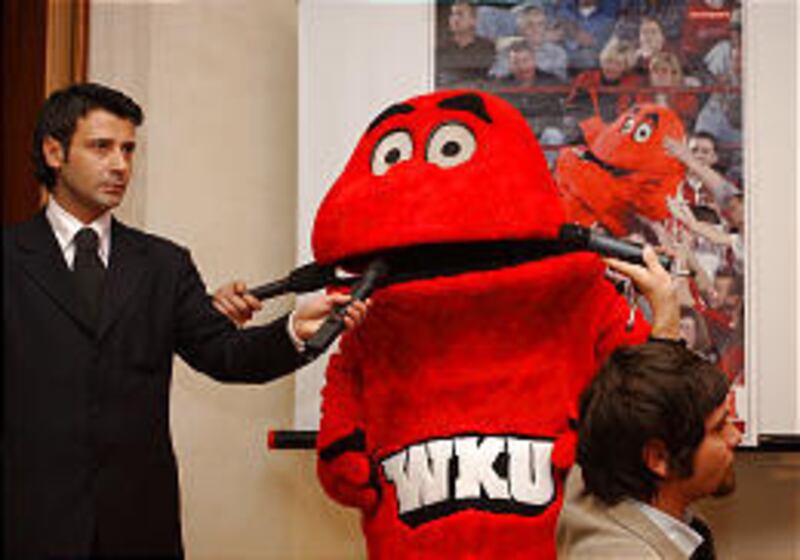 Western Kentucky University mascot Big Red is interviewed in Rome. The Hilltoppers will face BYU in Provo on Oct. 31 in a college football game, according to college football insider Brett McMurphy