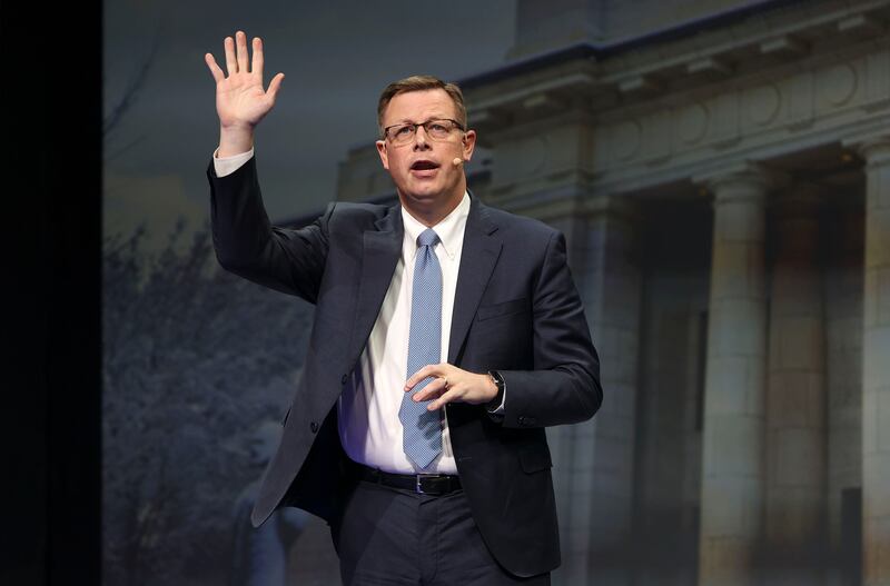 Elder Clark G. Gilbert, a General Authority Seventy of The Church of Jesus Christ of Latter-day Saints and commissioner of church education, speaks during a BYU devotional at the Marriott Center in Provo on Tuesday, Feb. 8, 2022.