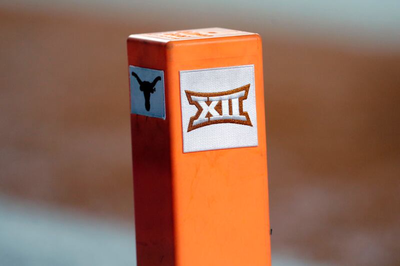 The Big 12 Conference logo is seen on a pylon during game between Texas and Southern California in Austin, Sept. 15, 2018.
