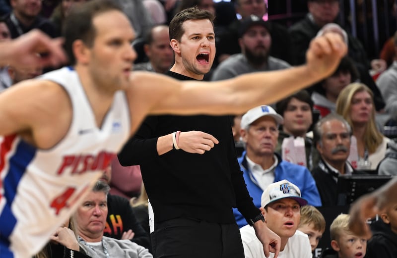 Utah Jazz coach Will Hardy yells out instructions as the Utah Jazz and Detroit Pistons play in Salt Lake City.