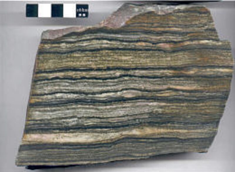 Precambrian shale rock comes from Big Cottonwood Canyon. The dark and light layering indicates high and low tides from an ancient ocean.